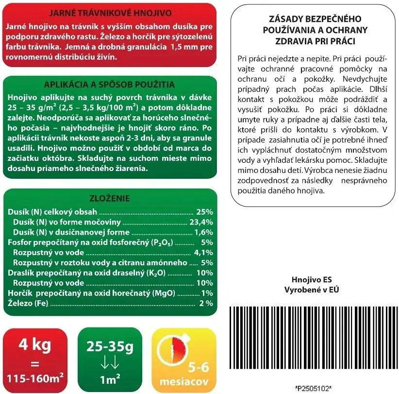 Trávníkové hnojivo JAR 25-05-10+2FE+1MgO 5-6 měsíční (4kg)