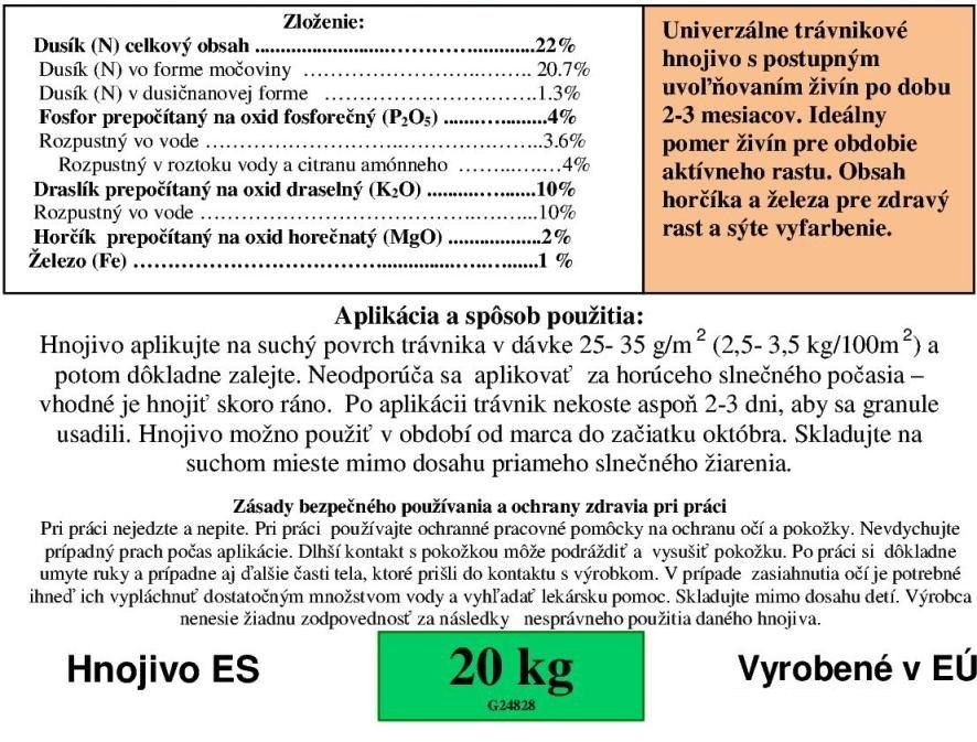 Trávníkové hnojivo UNIVERZAL 22-4-10+2MgO+1% Fe 2-3 měsíční (20kg)