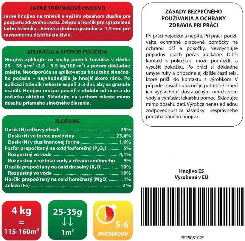 Trávníkové hnojivo JAR 25-05-10+2FE+1MgO 5-6 měsíční (20kg)