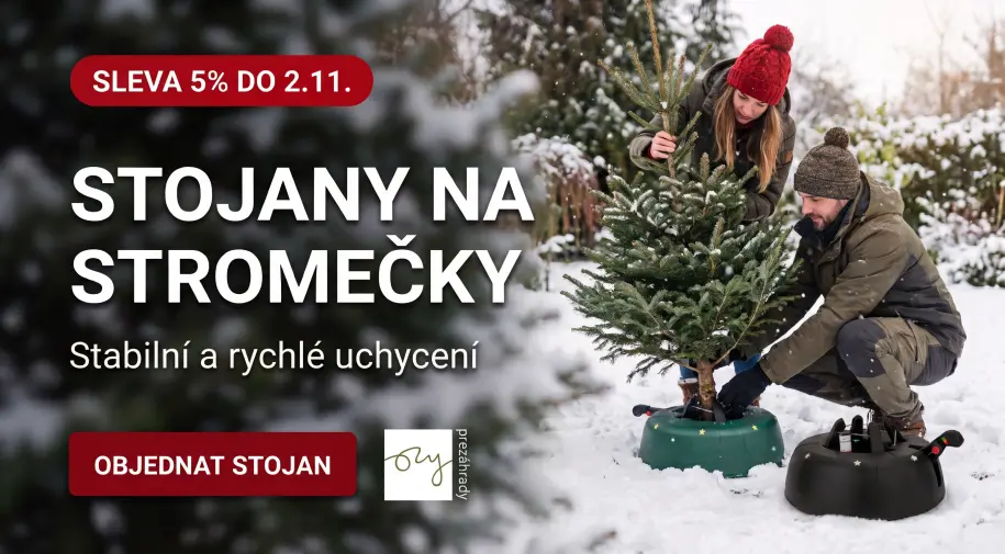 Banner upozorňující na slevu na stojany na stromky